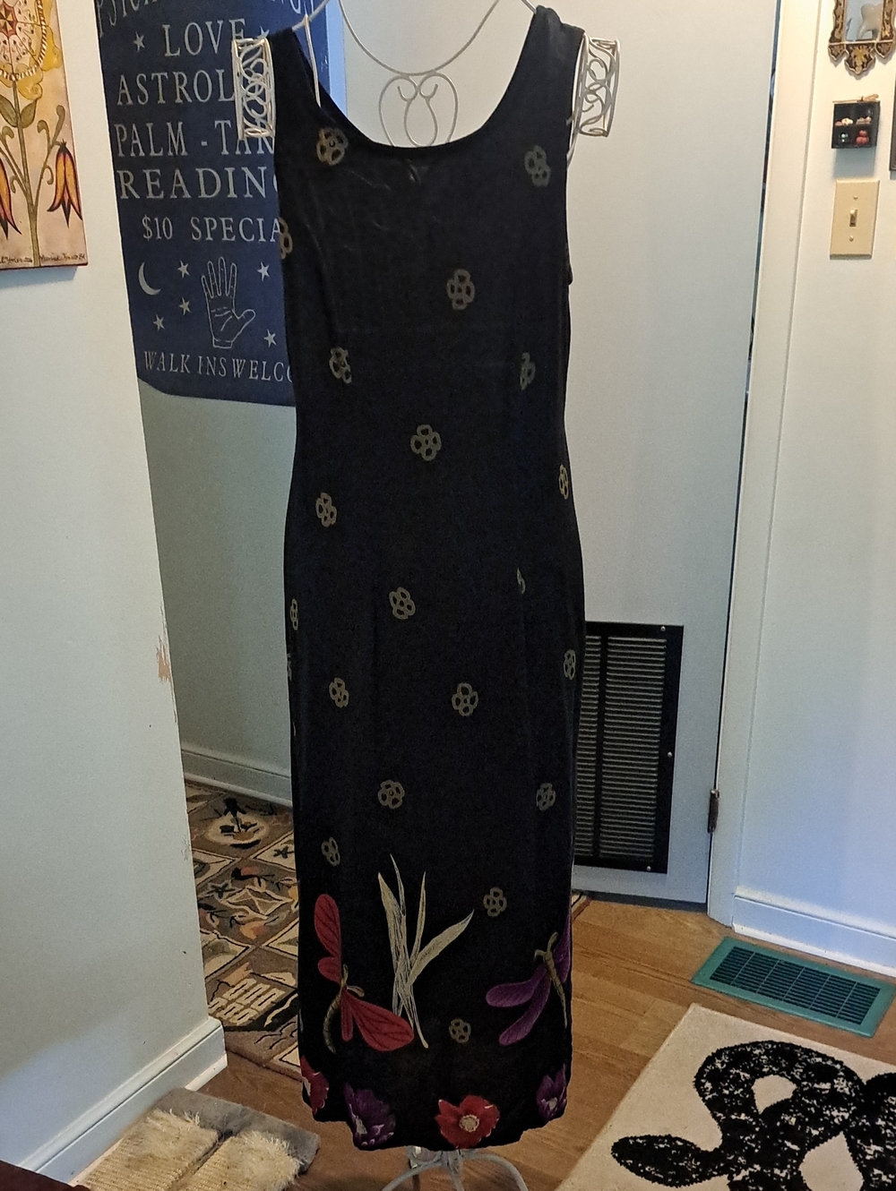 Sleeveless Vintage Black Whimsigoth Dragonfly Maxi Dress Sz 10